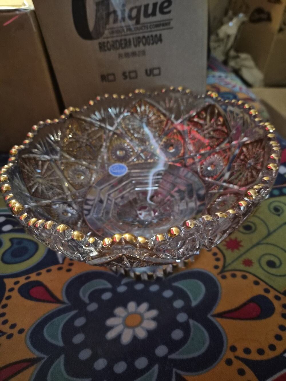 Vintage Imperial Cut Glass Bowl With An Scalloped Rim With Gold Accents and...